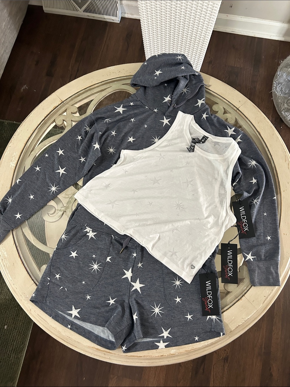 Wildfox Sweat Navy Star-Print Hoodie, Shorts & White Tank Set Size Medium